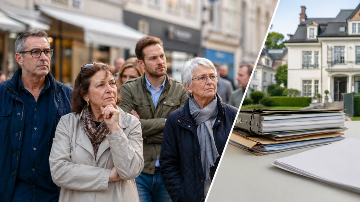 Menschen in einer deutschen Fußgängerzone, daneben ein symbolischer Split mit Luxusimmobilien und Steuerunterlagen