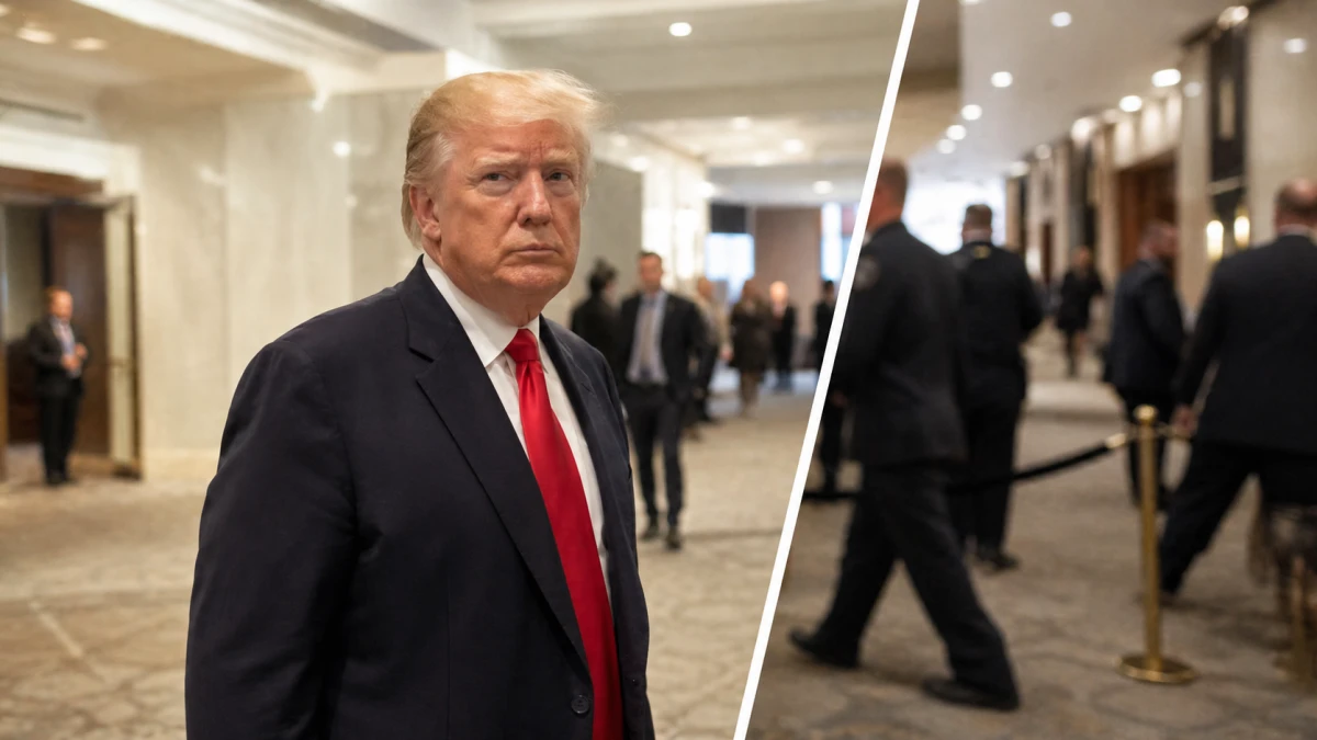 Donald Trump in angespannter Situation, daneben ein Sicherheitsbereich eines Hotels als Symbol für den Angriff beim Korrespondenten-Dinner