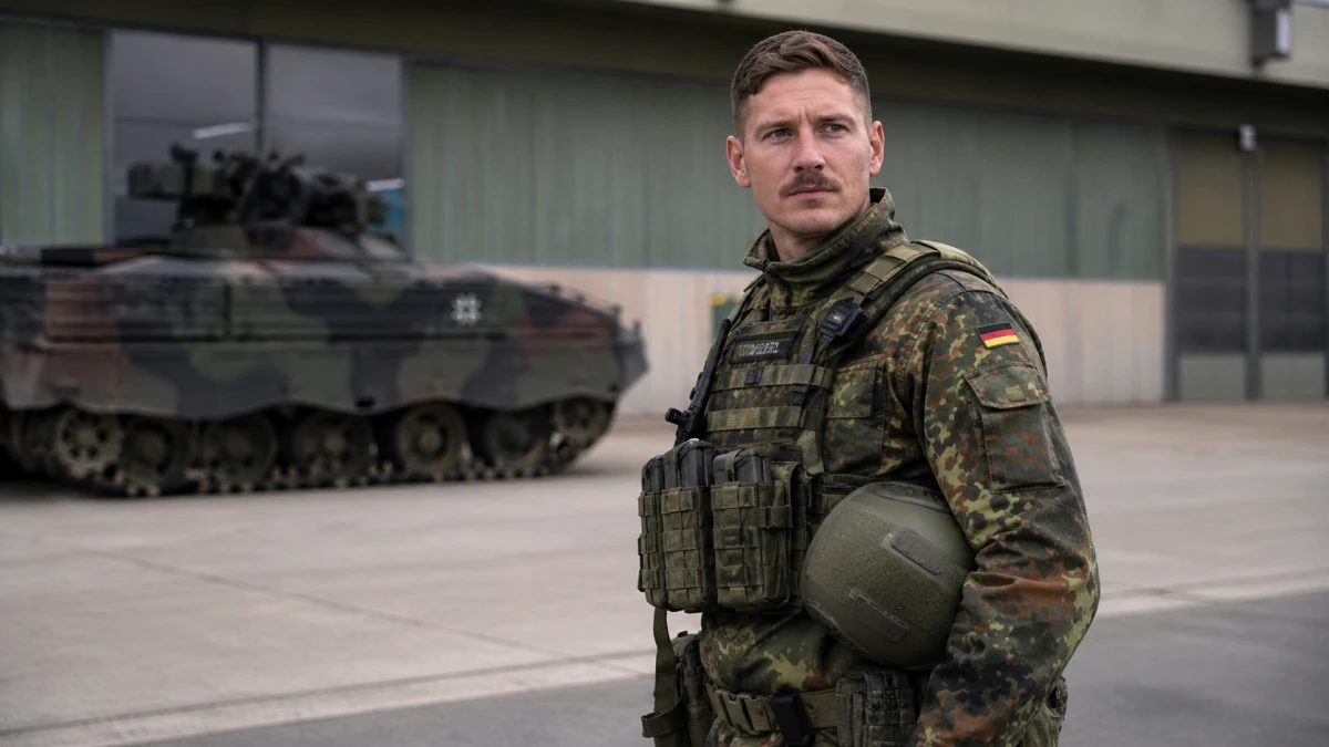 Bundeswehrsoldat steht auf einem Militärgelände neben moderner Ausrüstung