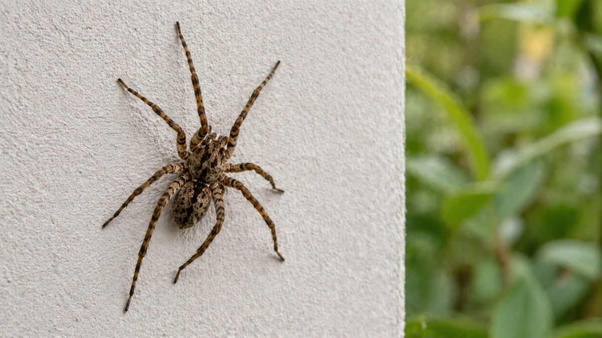 Eine Person entdeckt in einer hellen Wohnung eine große Spinne an der Wand und hält vorsichtig ein Glas bereit.