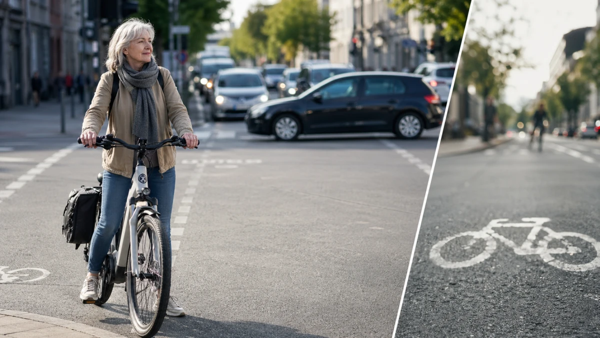 Ältere Person auf einem E-Bike an einer vielbefahrenen Kreuzung in Deutschland