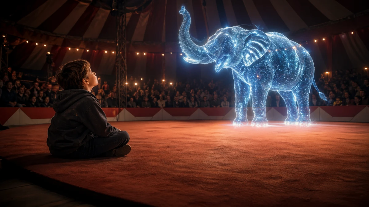 Holografischer Elefant in einer Zirkusmanege vor staunendem Publikum