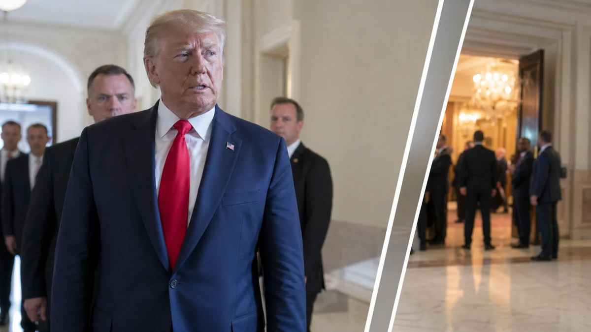 Donald Trump spricht nach dem Sicherheitsvorfall beim White-House-Correspondents-Dinner in einem hellen Regierungsgebäude.