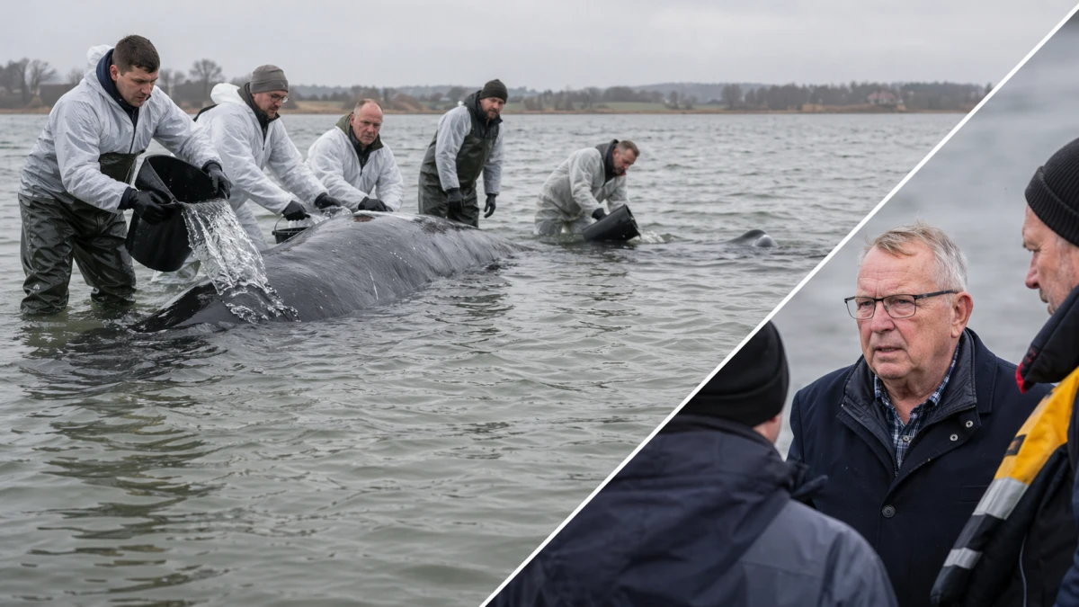 Helfer in Schutzkleidung stehen im flachen Wasser vor Poel nahe einem gestrandeten Buckelwal