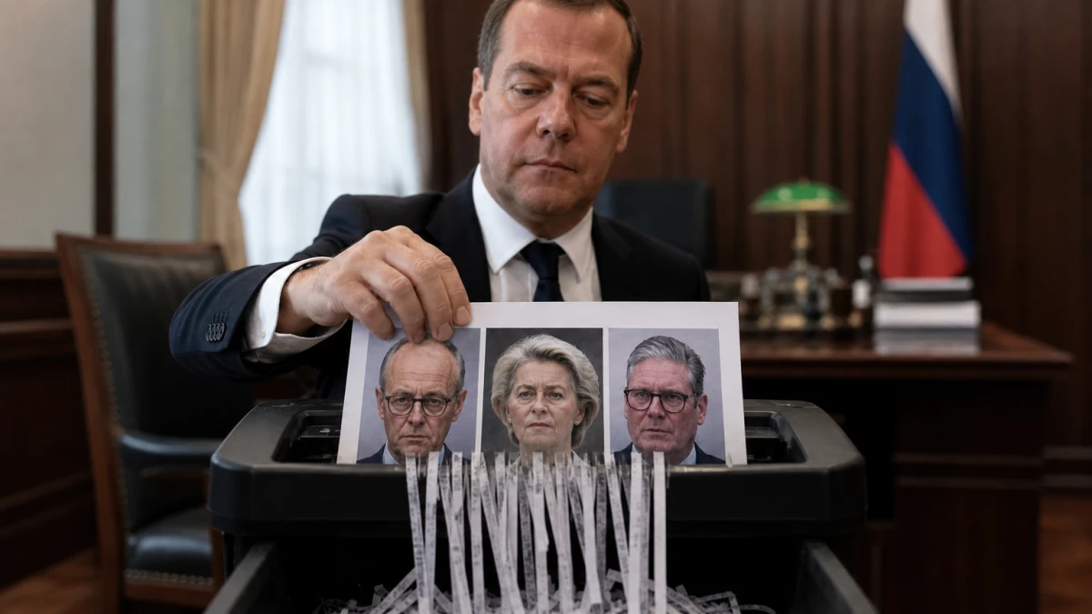 Medwedew schreddert Fotos von Merz, von der Leyen und Starmer